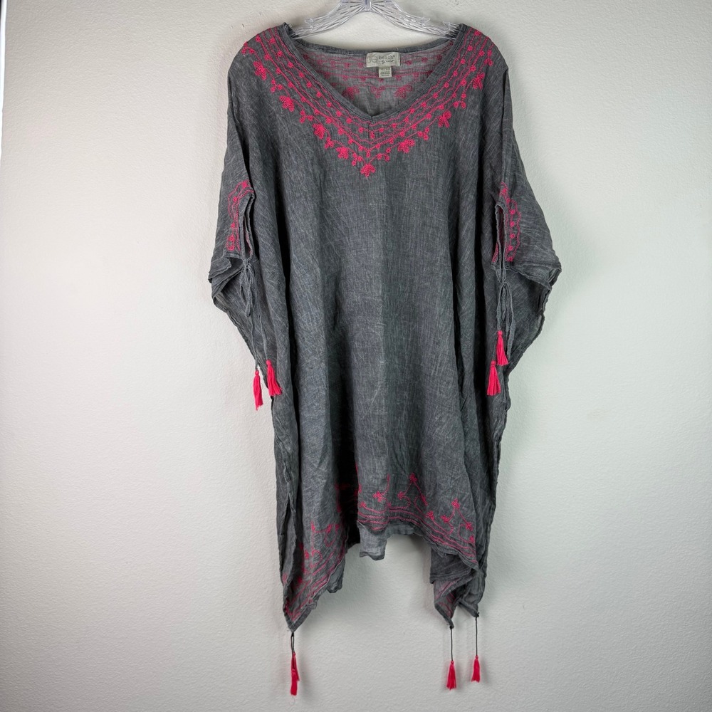 Beach by Exist Kaftan Womens OS Grey Pink Embroidered Tassel Cotton Cover Up